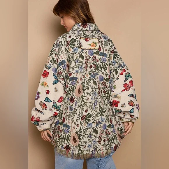 100.POL multicolor jacket Shacket Oversized Butterfly Floral Jacquard - Picture 5 of 7